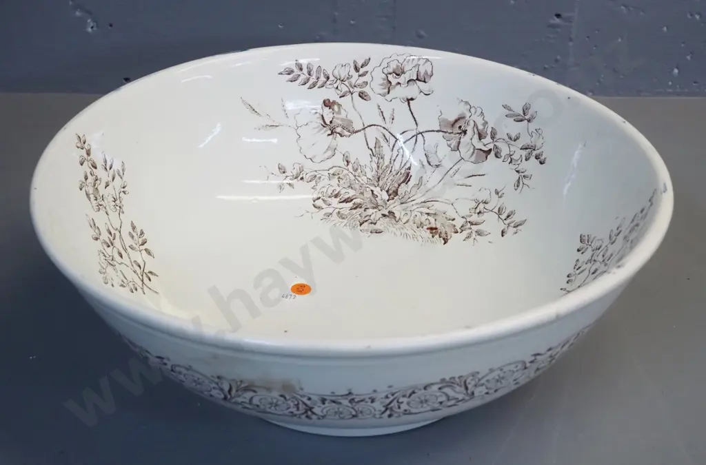 vintage wash bowl - brown poppy design on cream H-140 D-380 Image 1++
