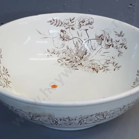 vintage wash bowl - brown poppy design on cream H-140 D-380