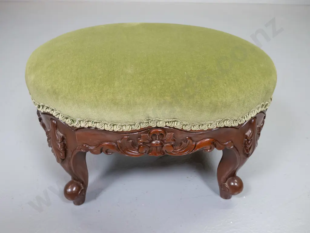 reproduction small Victorian style carved mahogany foot-stool with green velvet fabric H220 L340 W260 Image 1++