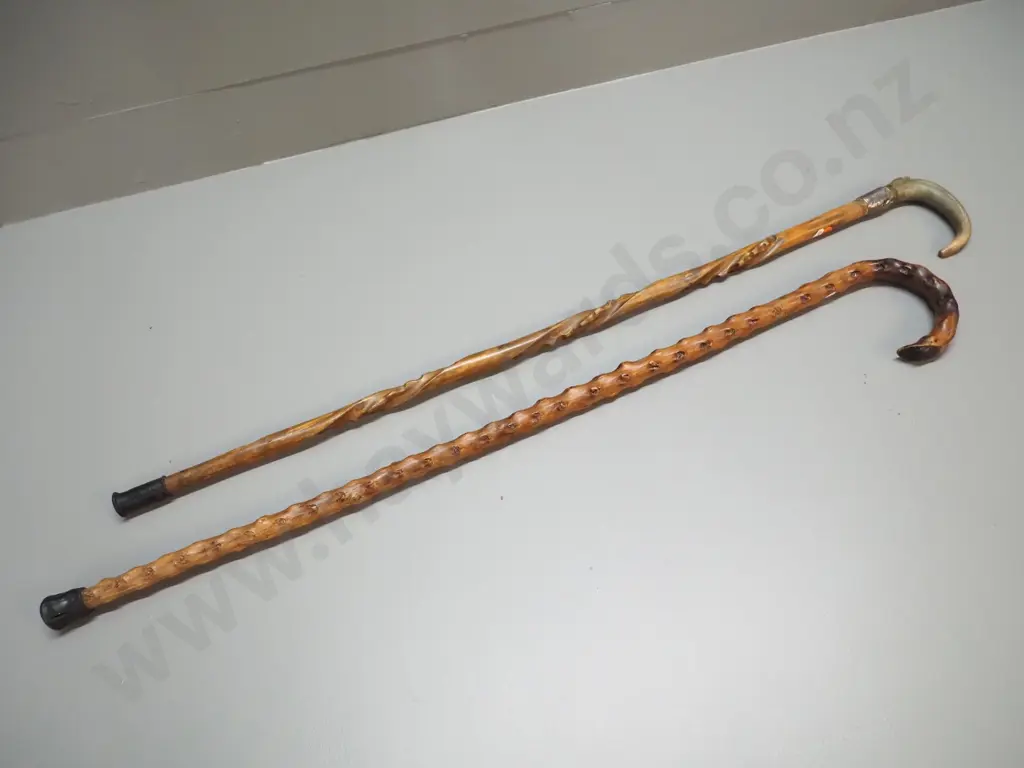 2 walking sticks - one briar wood, one carved briar with horn handle and sterling silver band L-880 Image 1++