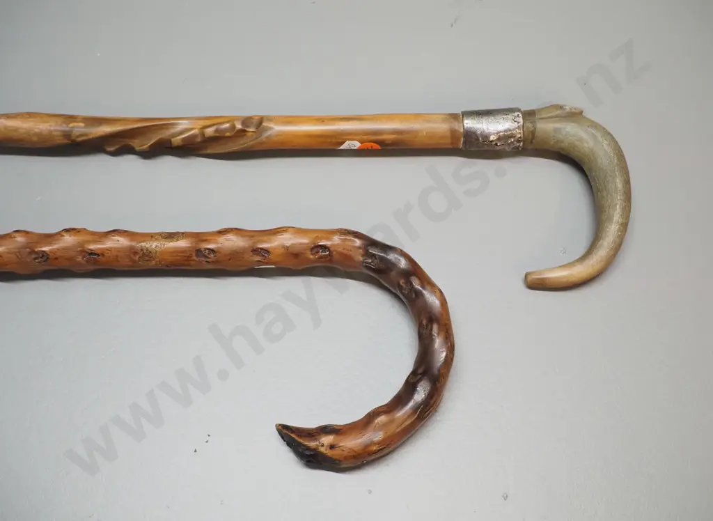 2 walking sticks - one briar wood, one carved briar with horn handle and sterling silver band L-880 Image 1++