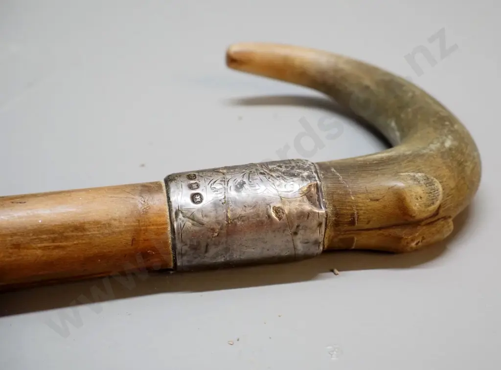 2 walking sticks - one briar wood, one carved briar with horn handle and sterling silver band L-880 Image 1++