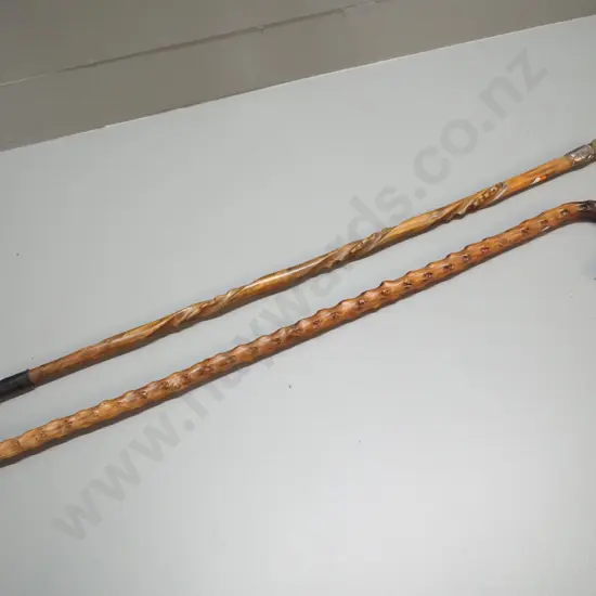 2 walking sticks - one briar wood, one carved briar with horn handle and sterling silver band L-880