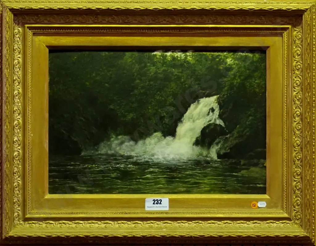 M Grant 1928 - framed oil on board - waterfall H-290 W-450 (some borer on back of frame) Image 1++