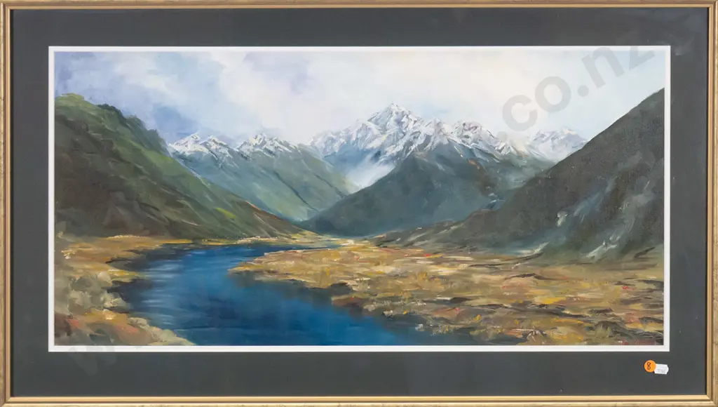 Fay Mitchell - framed river and mountain scene H-340 W-720 Image 1++