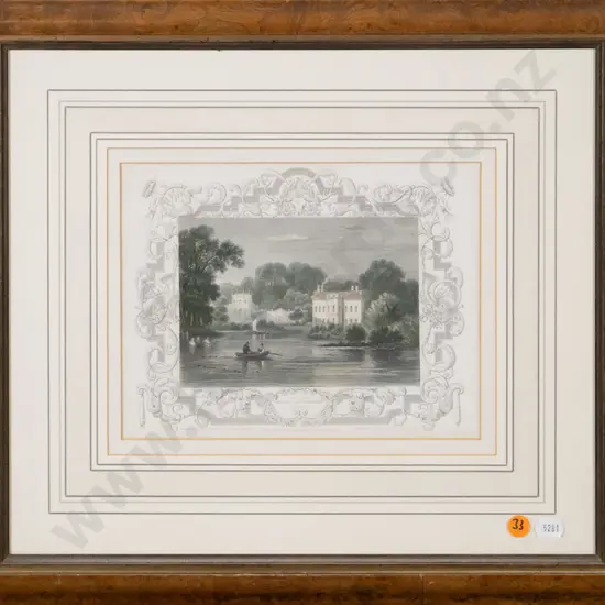 framed hand coloured engraving - Seat of the Duke of Buckingham of Richmond H-170 W-220