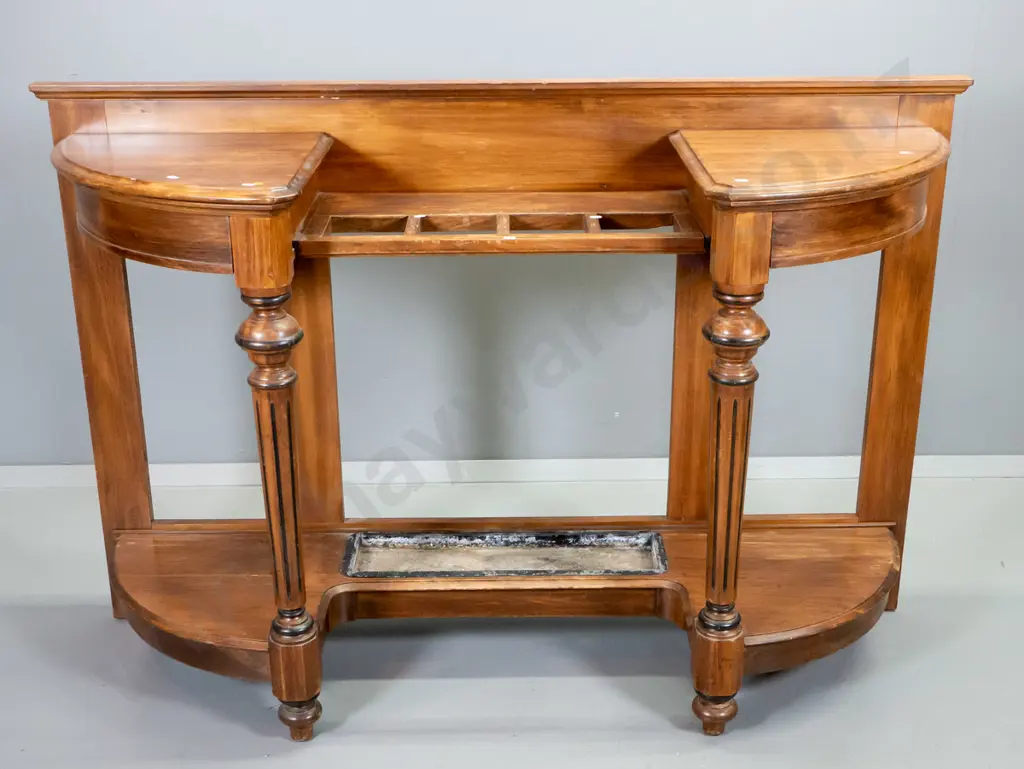 solid timber (beech?) hall table / stand with large umbrella stand w/ trays - some splitting, polish needs work Image 1++