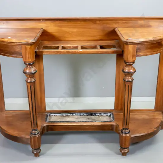 solid timber (beech?) hall table / stand with large umbrella stand w/ trays - some splitting, polish needs work