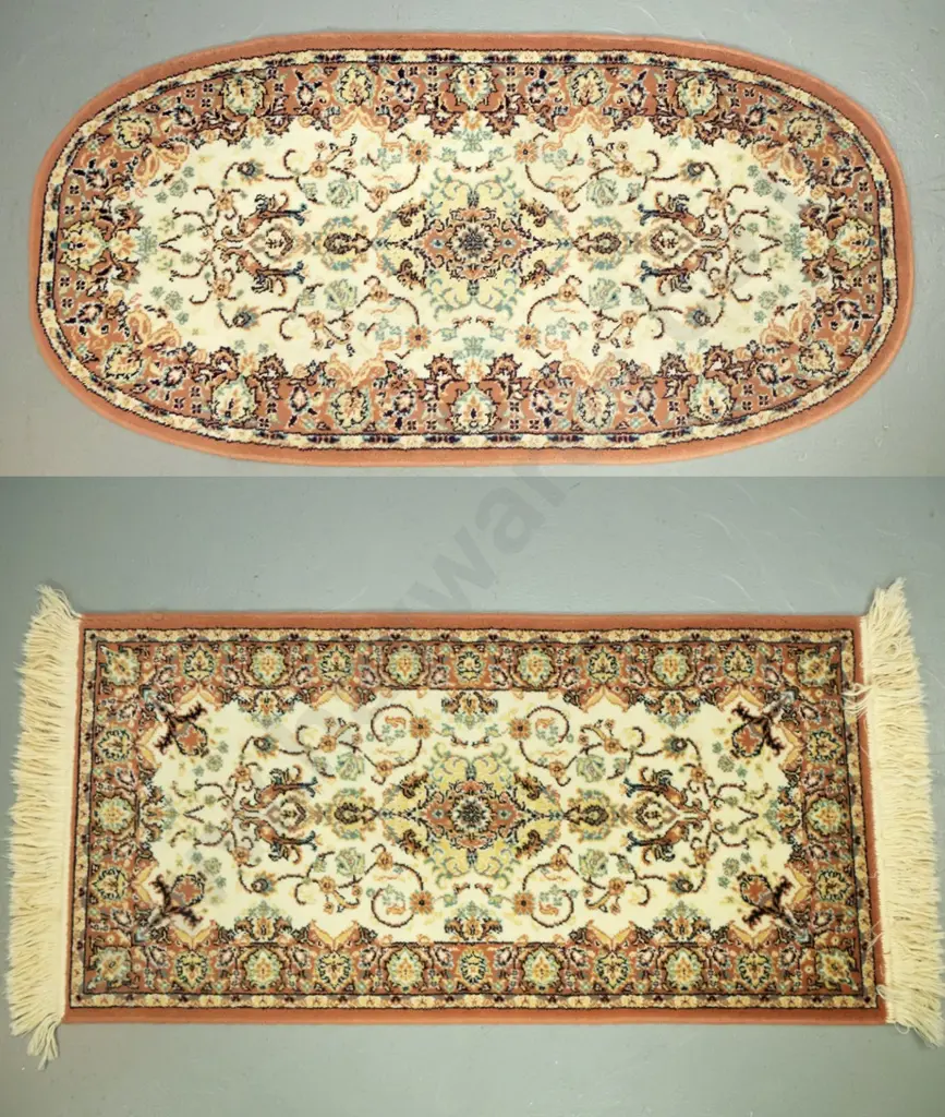 2 small Persian style wool floor rugs - edged oval piece slightly faded, other slightly longer L970 W510 Image 1++