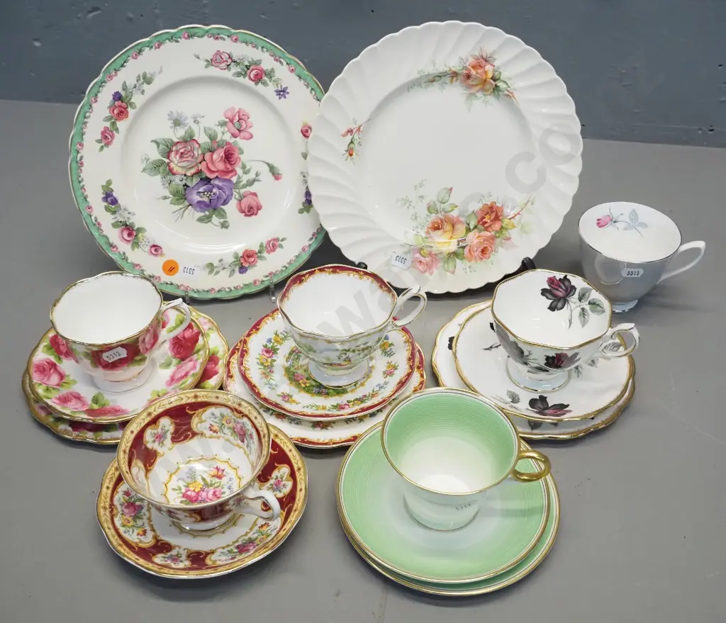 assorted English china - 2 Staffordshire Clarice Cliff plates, 3 Royal Albert trios, cup & saucer, Shelley trio, odd Image 1++