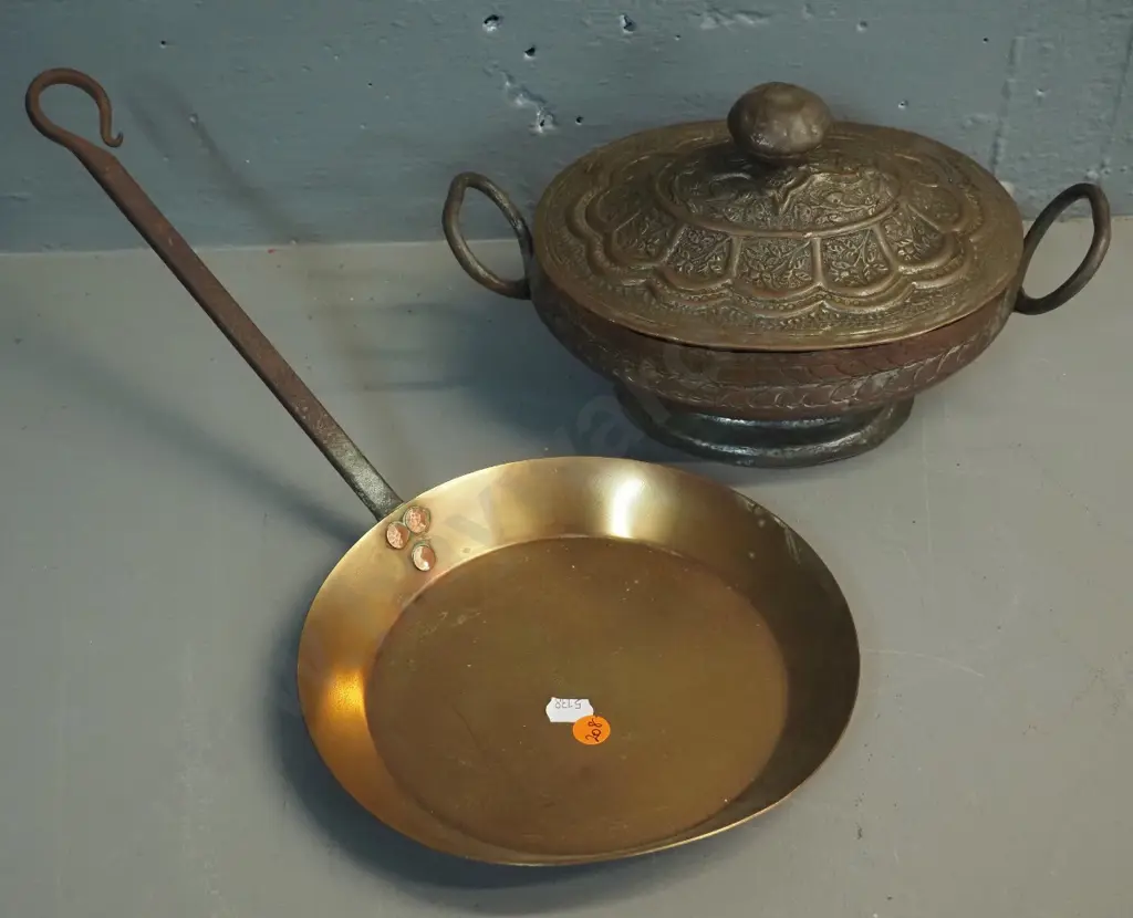 brass frying pan with forged iron handle (pan slightly bent) marked Ballarat & pressed copper lidded tureen H-160 L275 Image 1++