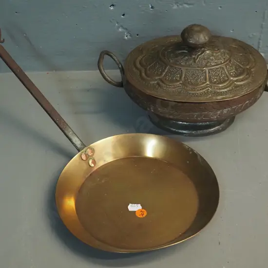 brass frying pan with forged iron handle (pan slightly bent) marked Ballarat & pressed copper lidded tureen H-160 L275