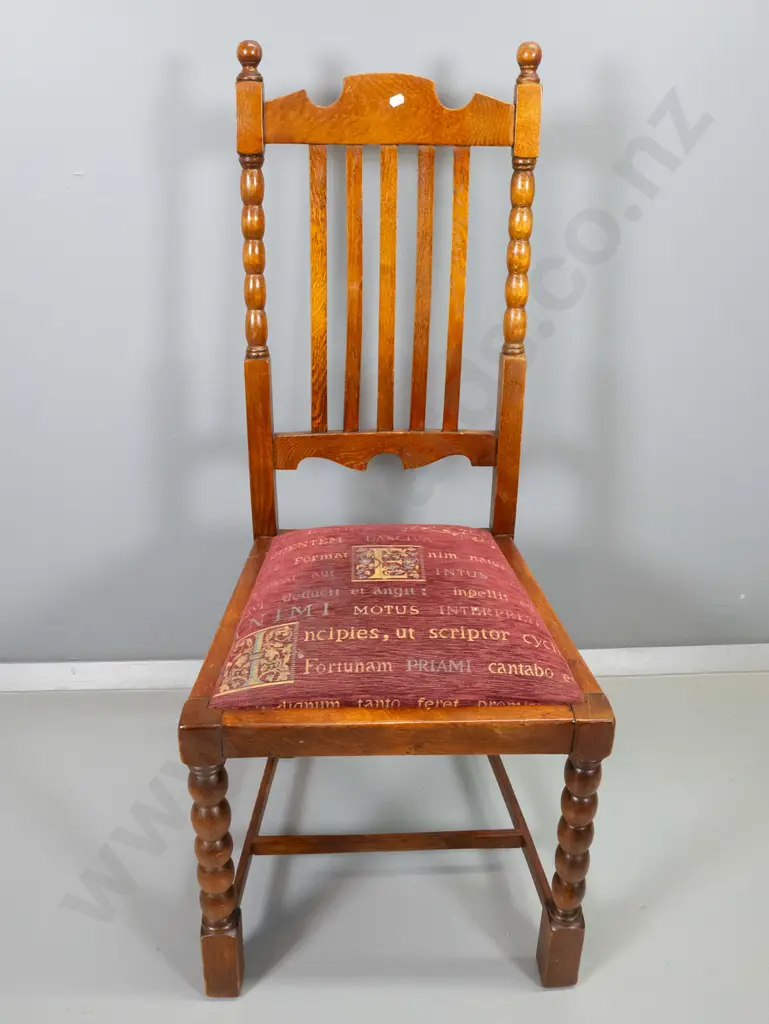 5 vintage oak dining chairs - 2 carvers in blue patterned chenille, other 3 in red, some loose joints - carvers H1130 Image 1++