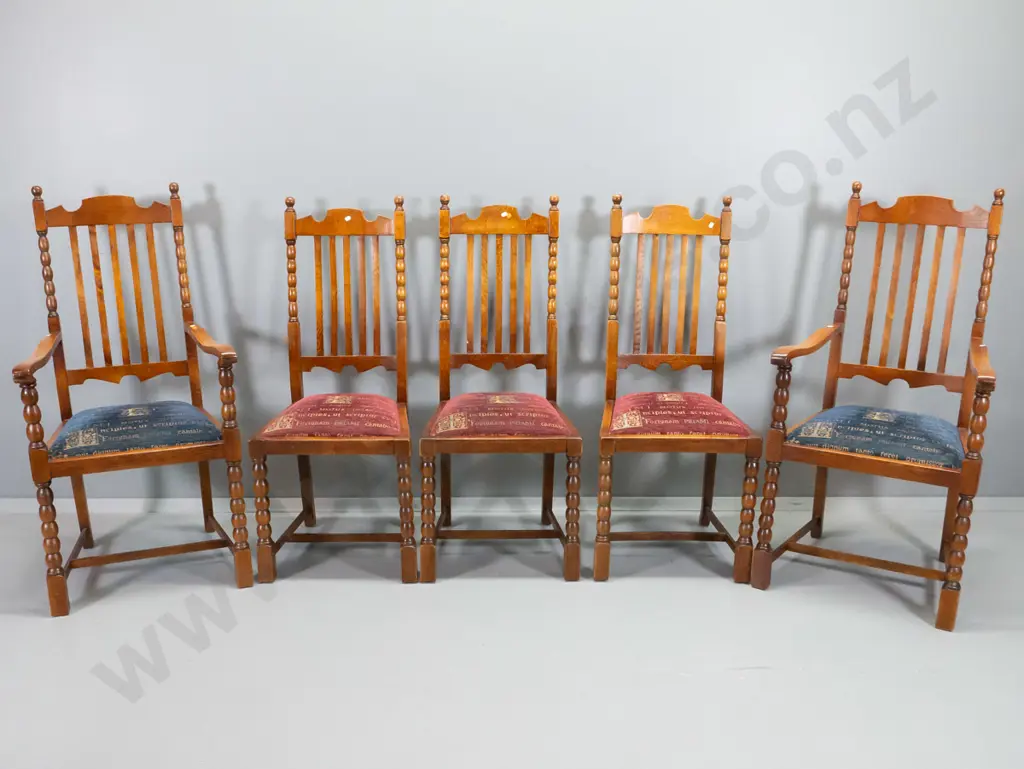 5 vintage oak dining chairs - 2 carvers in blue patterned chenille, other 3 in red, some loose joints - carvers H1130 Image 1++