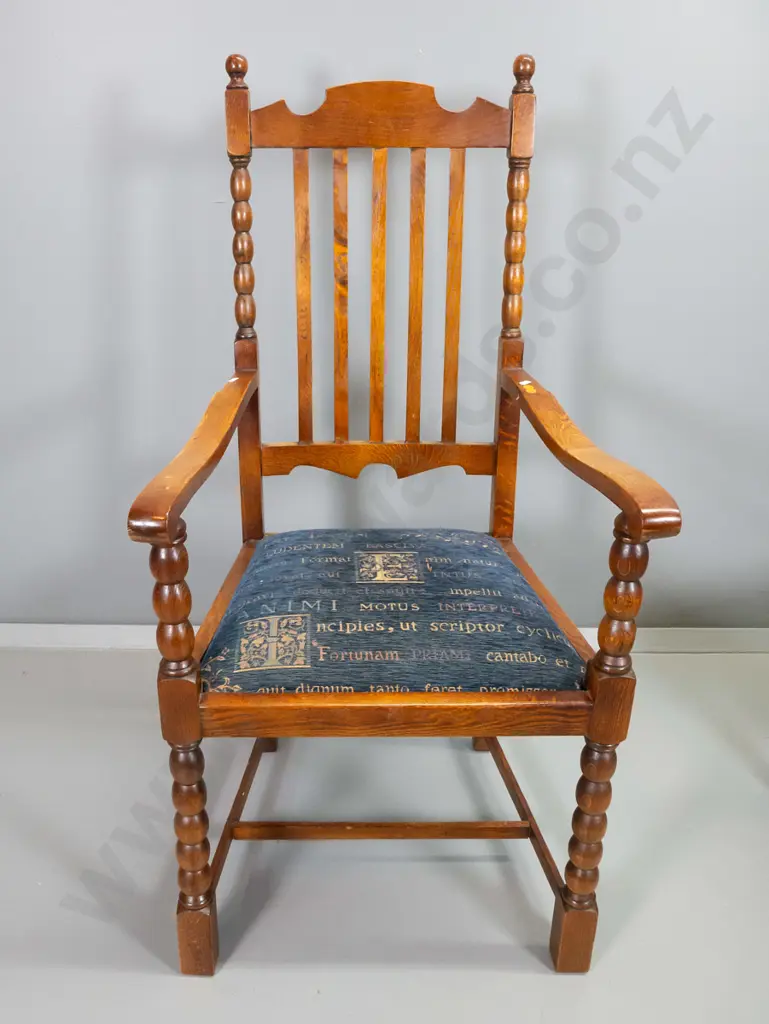 5 vintage oak dining chairs - 2 carvers in blue patterned chenille, other 3 in red, some loose joints - carvers H1130 Image 1++