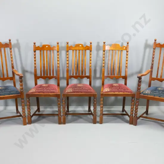 5 vintage oak dining chairs - 2 carvers in blue patterned chenille, other 3 in red, some loose joints - carvers H1130