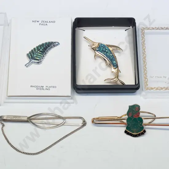 2 paua shell brooches & 2 tie pins