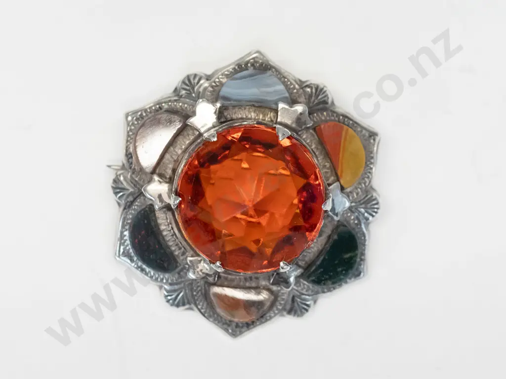 silver agate & citrine brooch stamped sterling Image 1++
