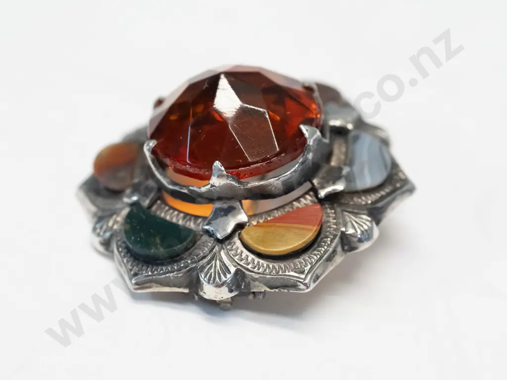 silver agate & citrine brooch stamped sterling Image 1++