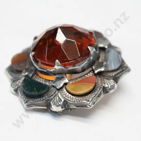 silver agate & citrine brooch stamped sterling