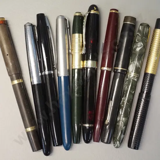 10 assorted fountain pens, some in restorer's condition - Burnham, Wyvern, Parker, Mabie Todd "Swan" etc.