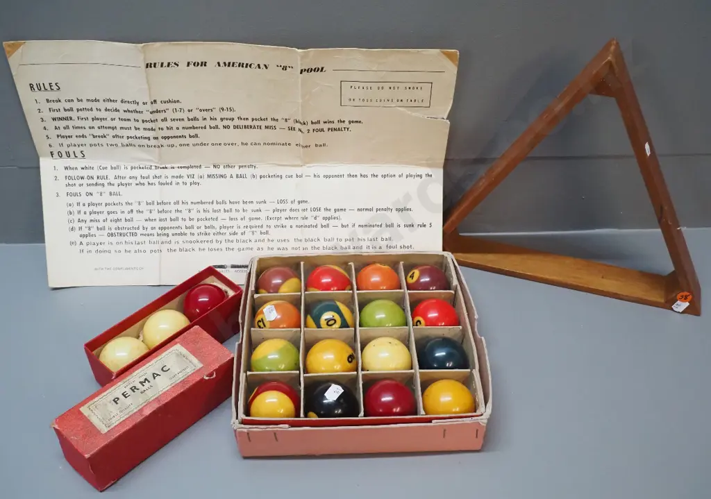boxed vintage billiard balls with wooden triangle and an instruction sheet Image 1++
