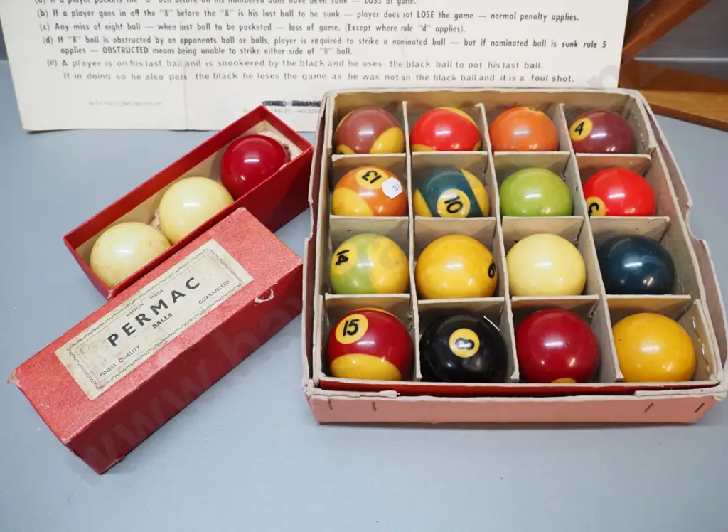boxed vintage billiard balls with wooden triangle and an instruction sheet Image 1++