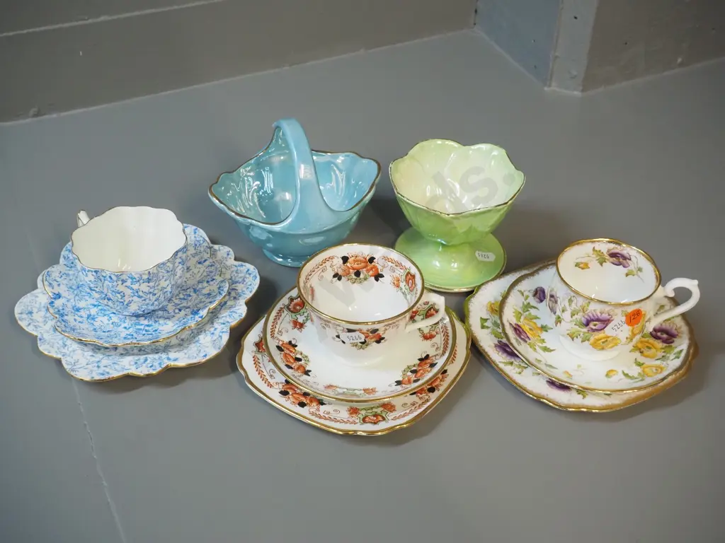 3 trios - 2 Royal Albert, 1 Chapman, and 2 Maling lustre items - coupe and small basket Image 1++