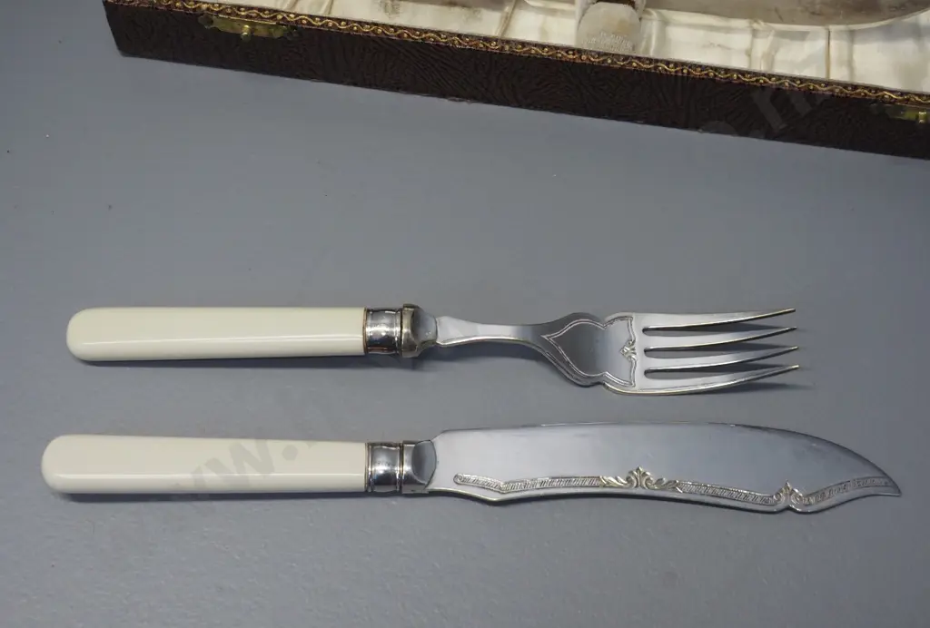 cased set of fish knives and forks - EPNS with faux ivory / bone handles Image 1++