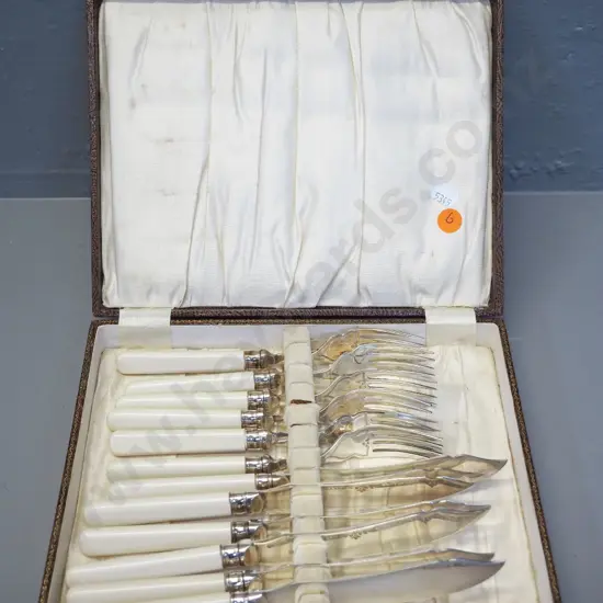 cased set of fish knives and forks - EPNS with faux ivory / bone handles