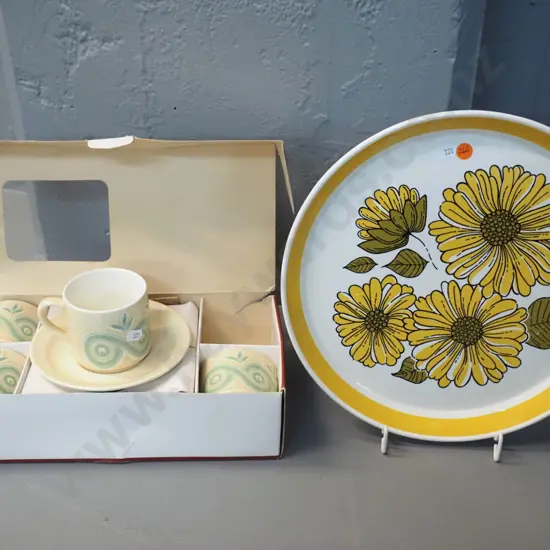 retro Crown Lynn items - Charmaine platter D-350 and boxed set of 4 cups & saucers