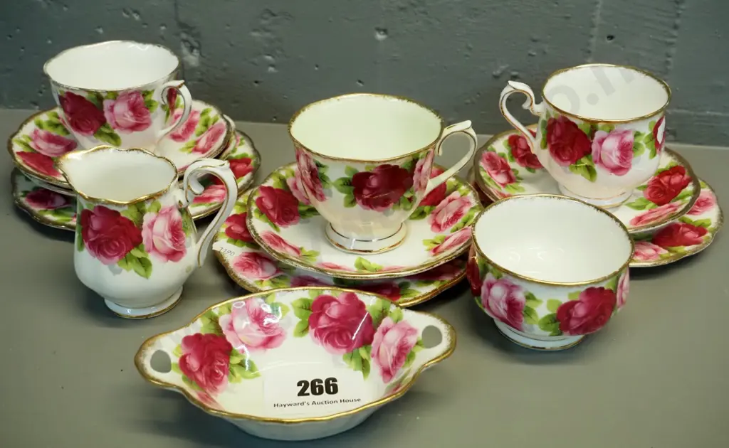 Royal Albert Old English Rose items - 3 trios in different cup shapes, creamer, sugar and small dish Image 1++