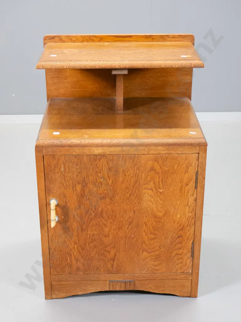 deco oak bedside table with cupboard door, shelf, original bakelite handle, some marks to polish H700 W450 D380 Image 1++