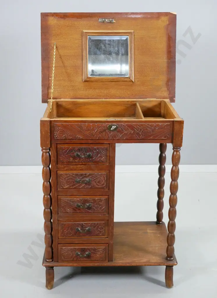 vintage oak small hall or dressing table: 6 drawers, carved drawer fronts, twist columns. lift top with mirror. Split to Image 1++