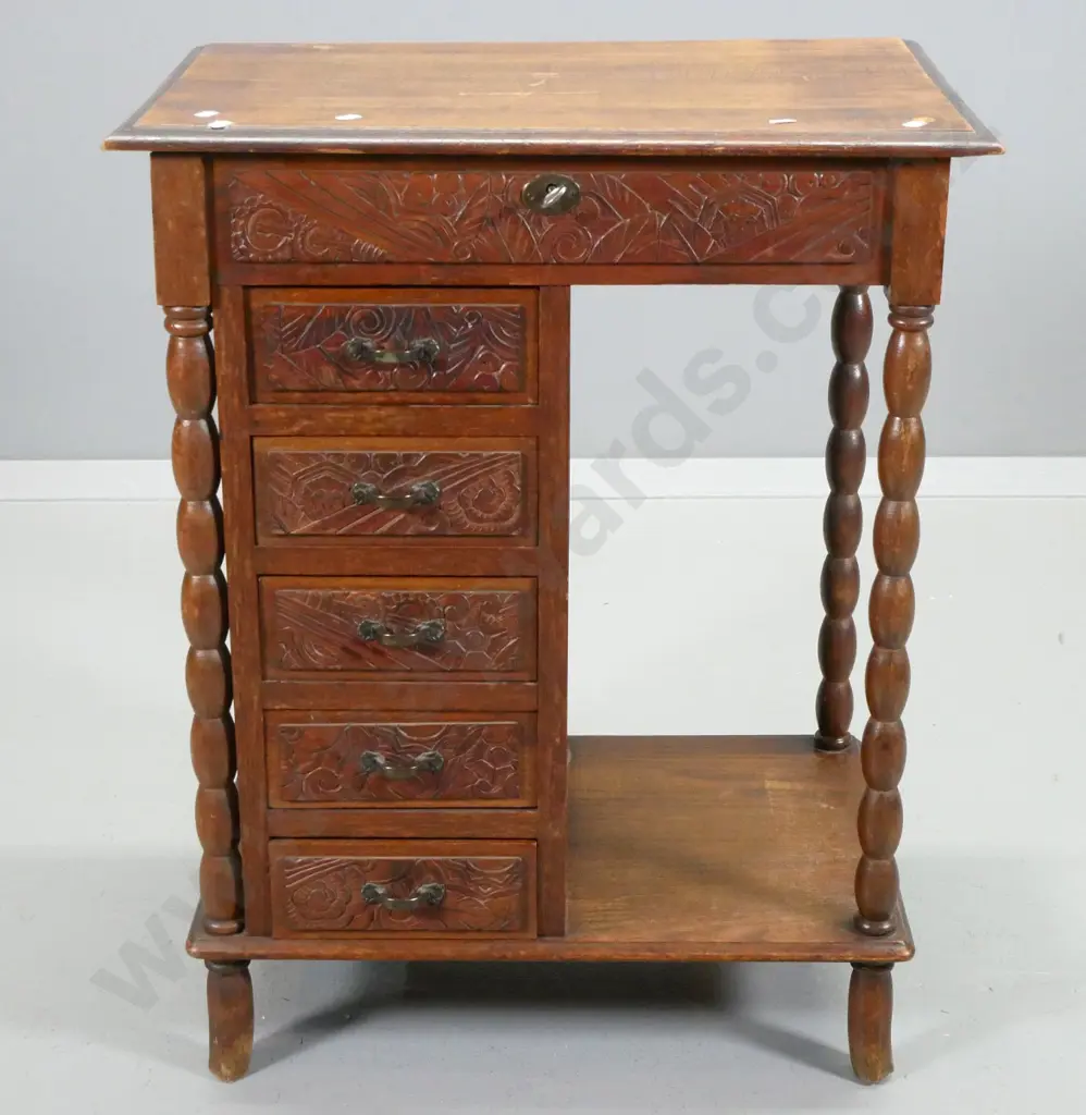 vintage oak small hall or dressing table: 6 drawers, carved drawer fronts, twist columns. lift top with mirror. Split to Image 1++