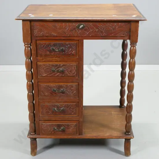 vintage oak small hall or dressing table: 6 drawers, carved drawer fronts, twist columns. lift top with mirror. Split to