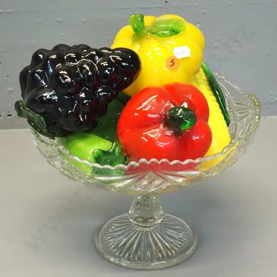 cut glass comport bowl H-160 D-270 and 6 pieces of glass fruit & vegetables