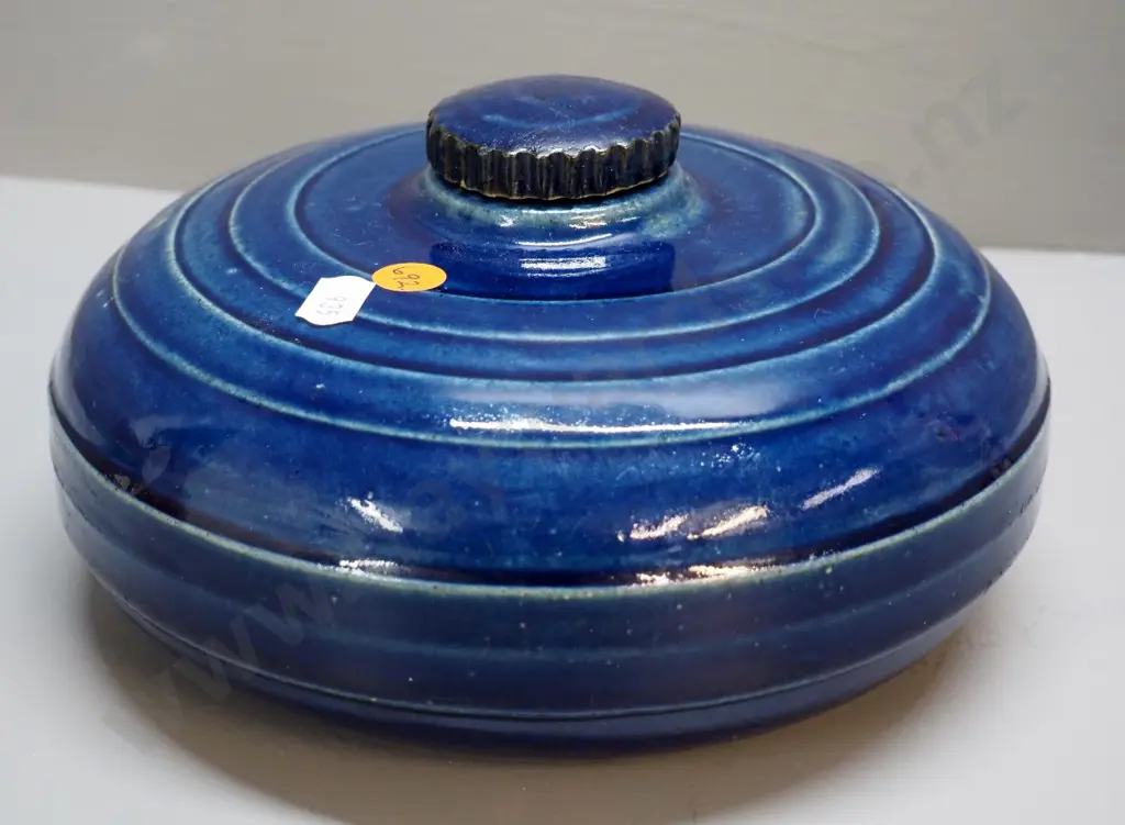 Timaru Potteries blue glaze hot water bottle H-110 D-210 Image 1++
