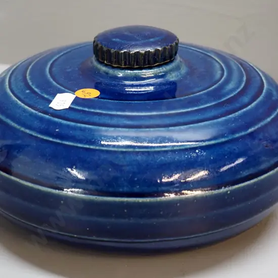 Timaru Potteries blue glaze hot water bottle H-110 D-210