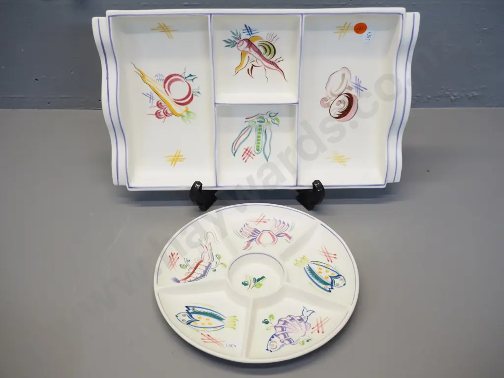2 hand-painted Poole hors d'oeuvre plates - larger L-340 W-220 Image 1++