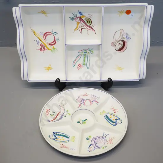 2 hand-painted Poole hors d'oeuvre plates - larger L-340 W-220