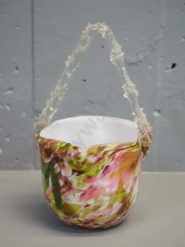 art glass basket - multi-colour mottle with clear textured handle H-190 Image 1++