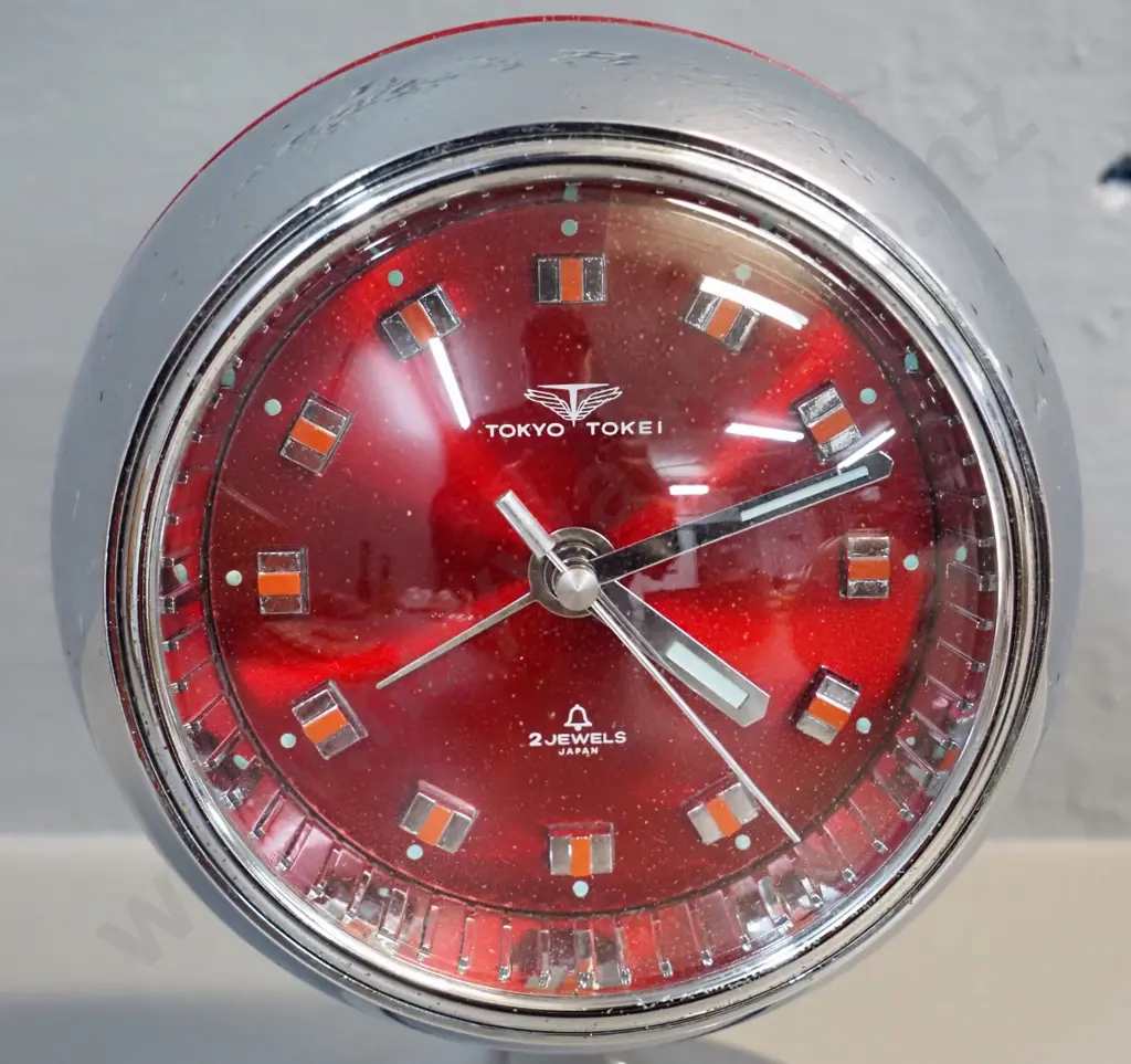 retro chrome & red plastic alarm clock - Tokyo Tokei - H-170 clock D-120 Image 1++