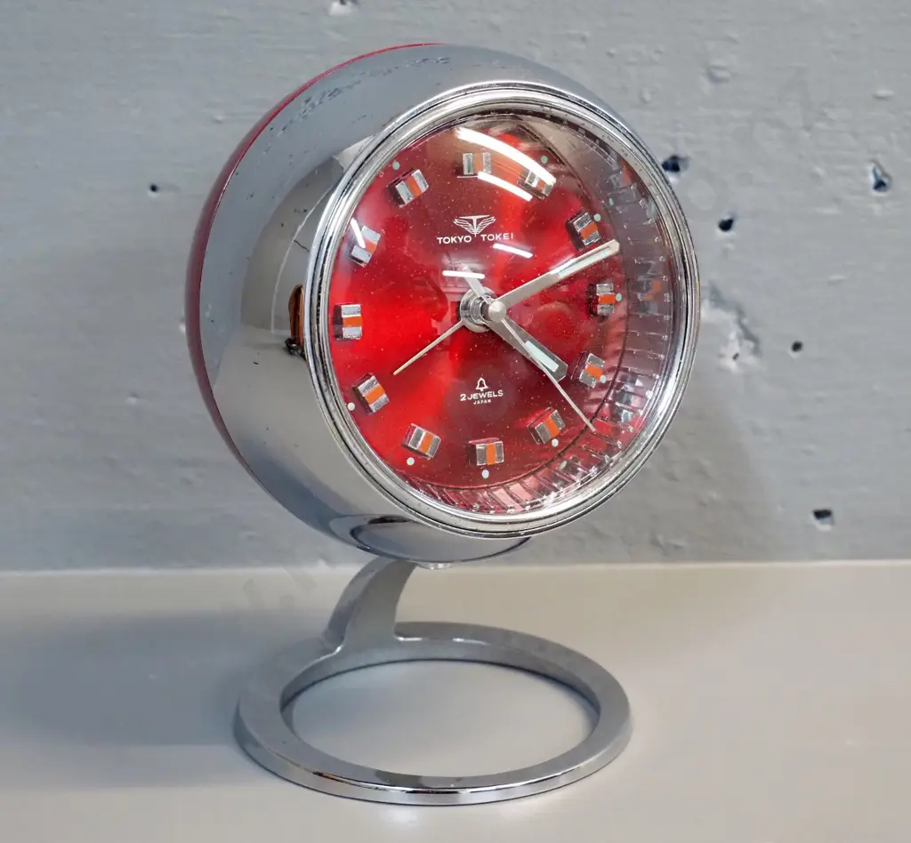 retro chrome & red plastic alarm clock - Tokyo Tokei - H-170 clock D-120 Image 1++