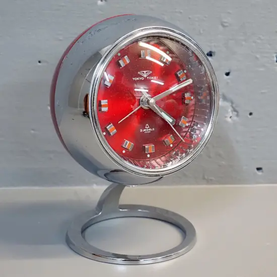 retro chrome & red plastic alarm clock - Tokyo Tokei - H-170 clock D-120