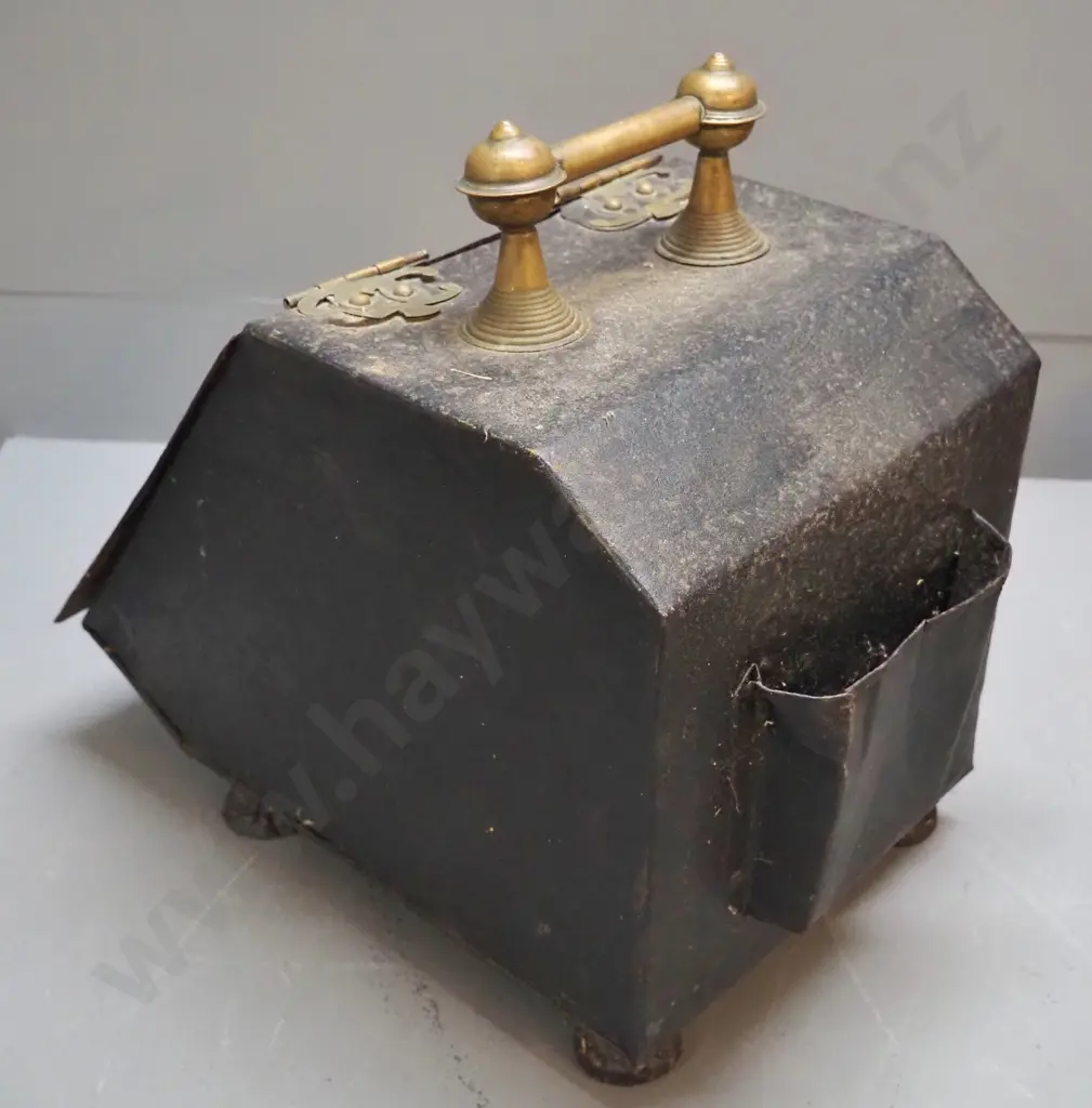 vintage tin coal scuttle with brass hinges and handle - damage, repairs, warping, corrosion H380 W270 D400 Image 1++
