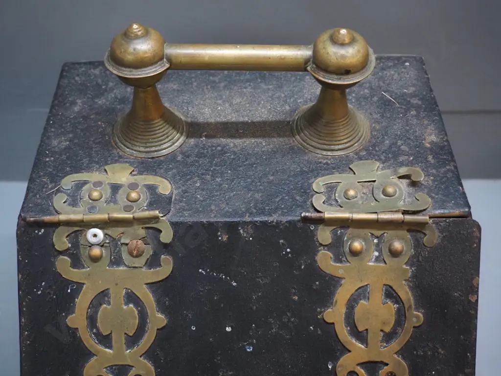 vintage tin coal scuttle with brass hinges and handle - damage, repairs, warping, corrosion H380 W270 D400 Image 1++