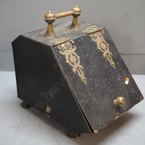 vintage tin coal scuttle with brass hinges and handle - damage, repairs, warping, corrosion H380 W270 D400