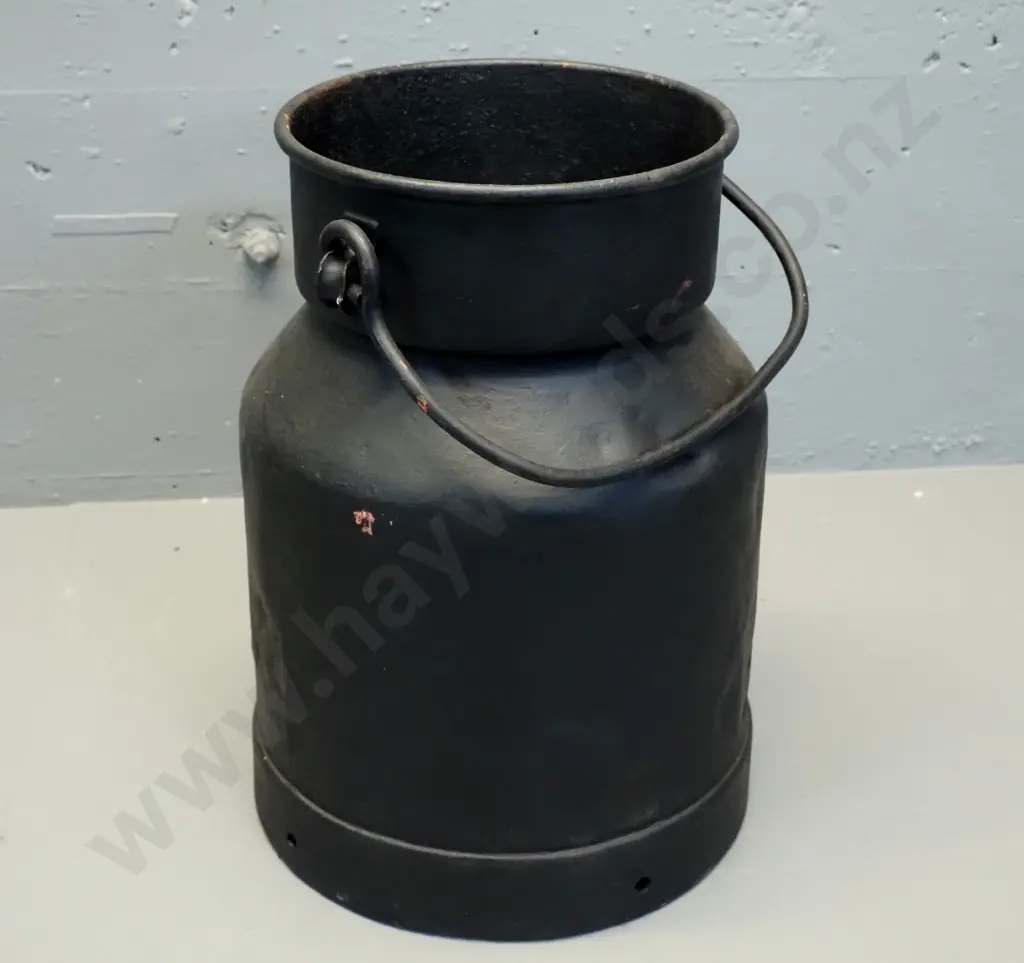 vintage black finish metal milk can - no markings or plaque. Corrosion holes in base H-390 D-290 Image 1++