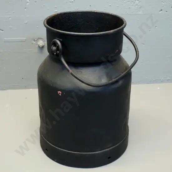 vintage black finish metal milk can - no markings or plaque. Corrosion holes in base H-390 D-290